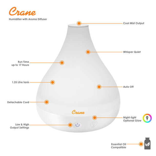 Crane Cool Mist Humidifier + Aroma Diffuser - White